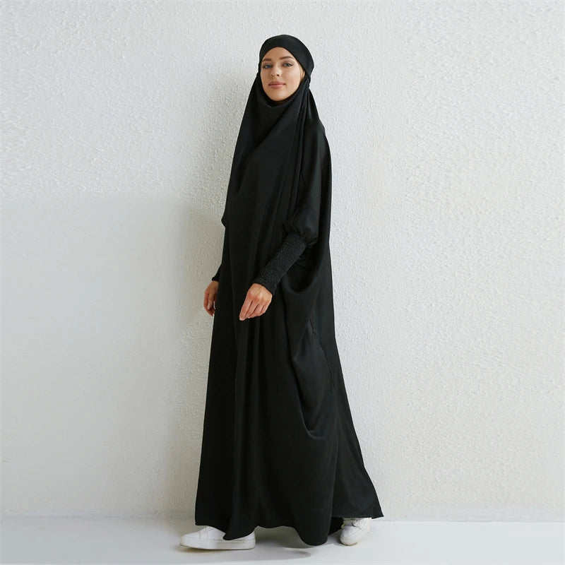 Muslim Women Hooded One-Piece Prayer Abaya with Smocked Sleeves – Modest Islamic Dress