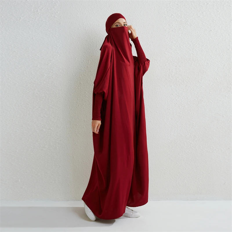 Muslim Women Hooded One-Piece Prayer Abaya with Smocked Sleeves – Modest Islamic Dress