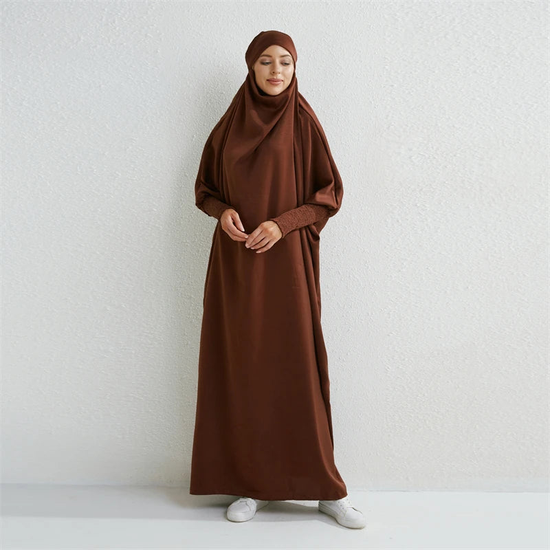 Muslim Women Hooded One-Piece Prayer Abaya with Smocked Sleeves – Modest Islamic Dress