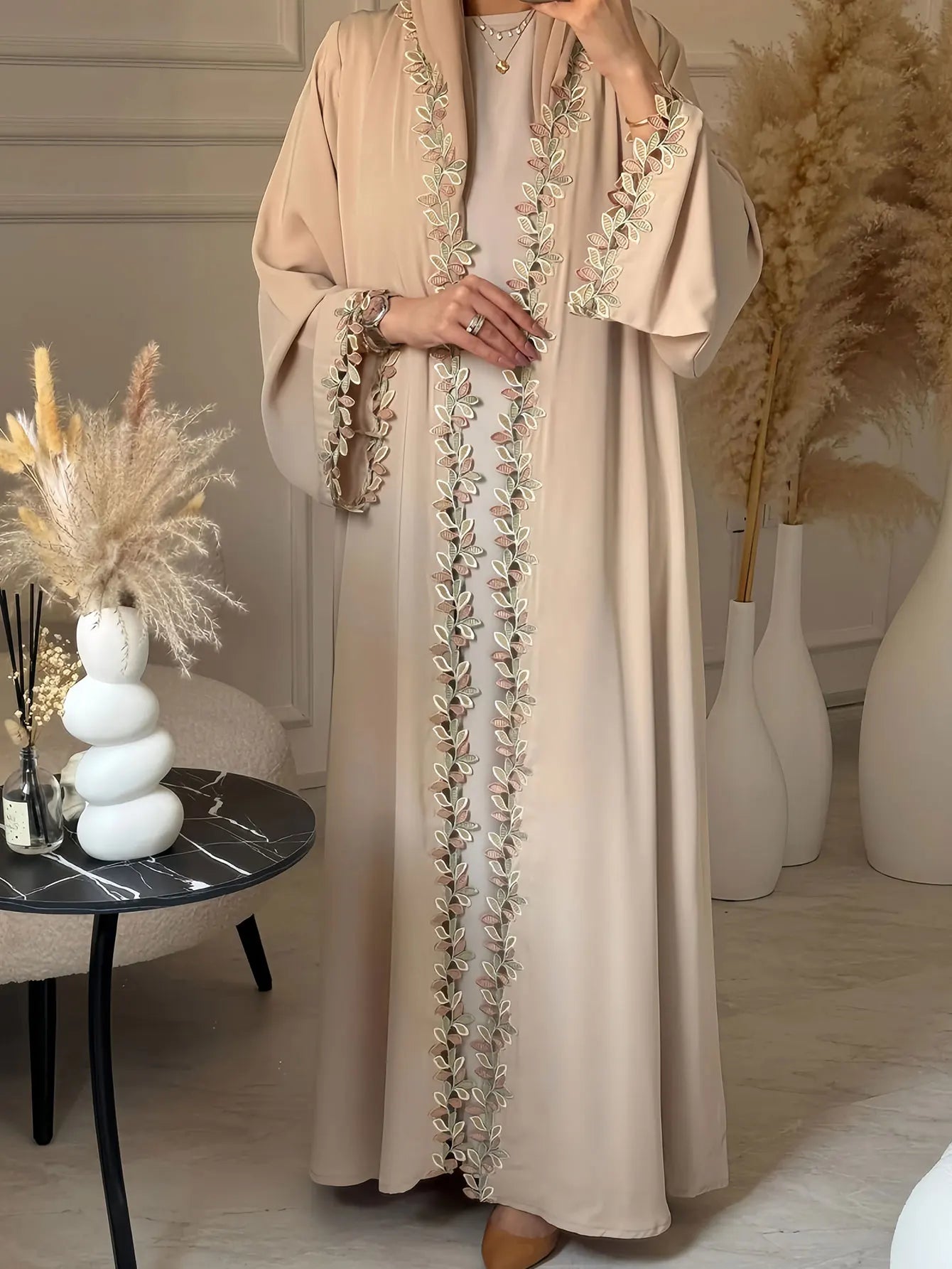 Tatted Open Front Crepe Abaya — All-Season Loose Fit | Noor Boutique Summer 2025