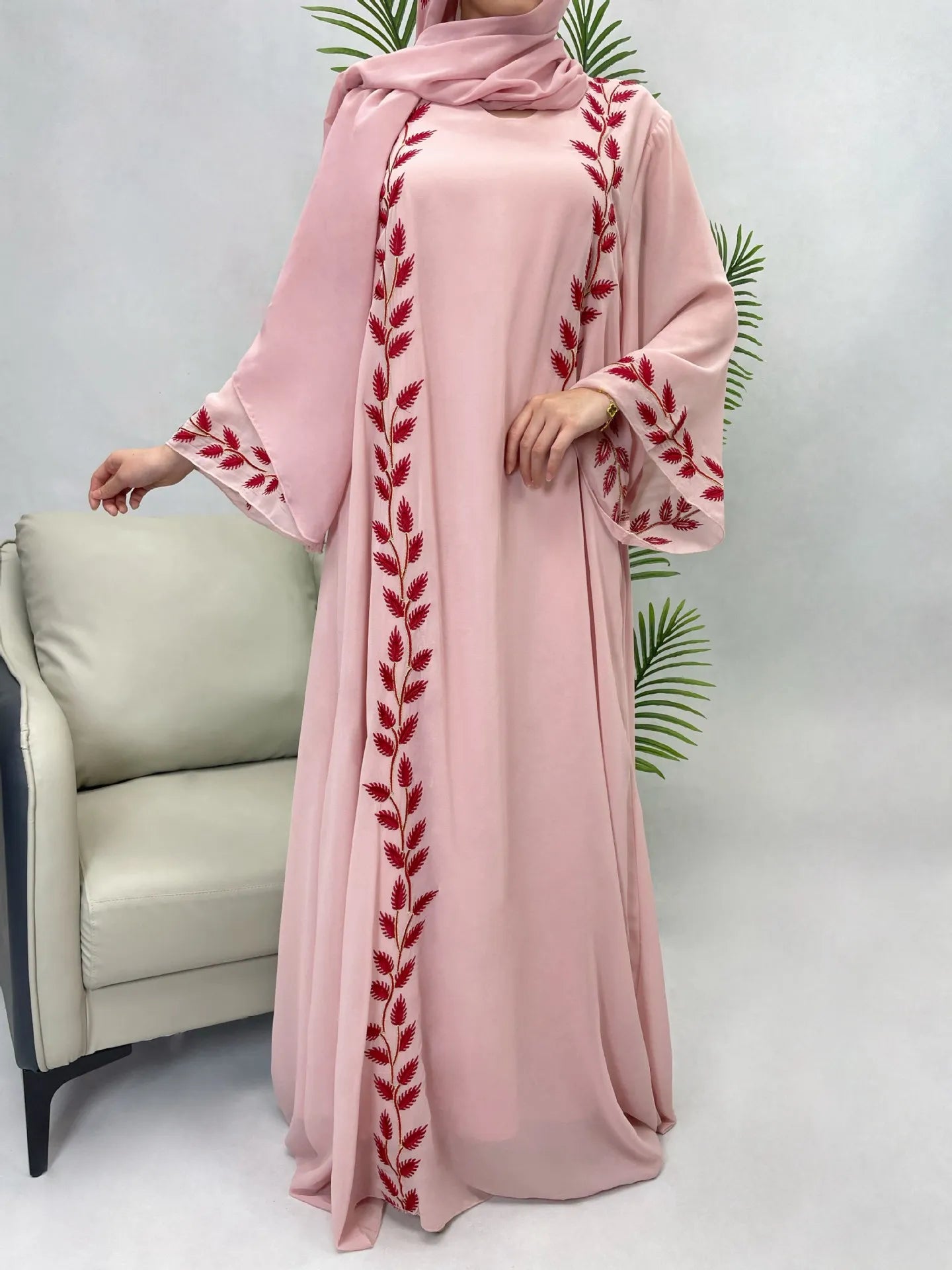 Eid Abaya Embroidered 2-Piece Set with Matching Scarf for Muslim Women