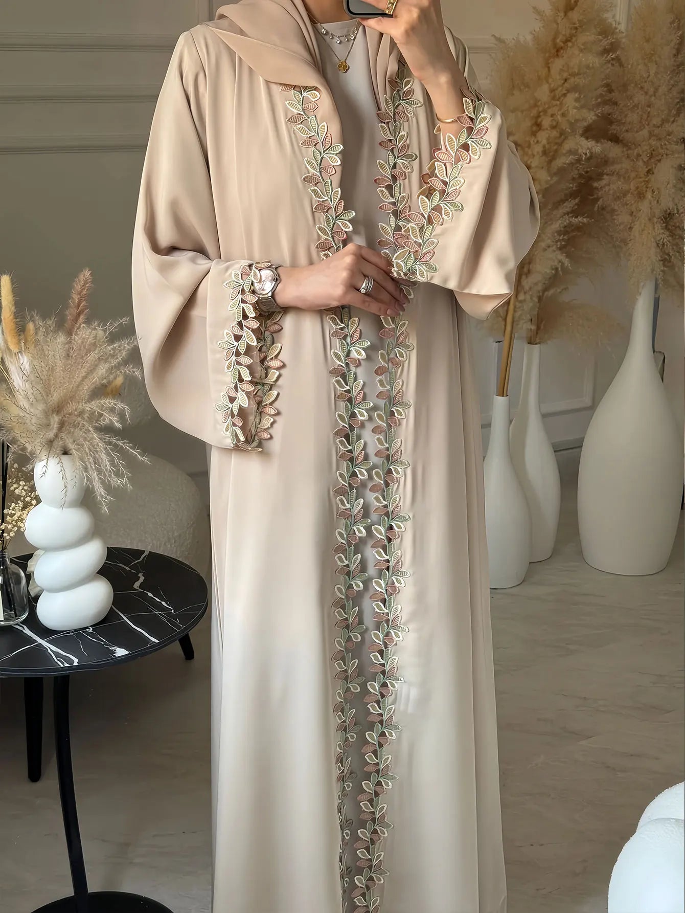 Tatted Open Front Crepe Abaya — All-Season Loose Fit | Noor Boutique Summer 2025