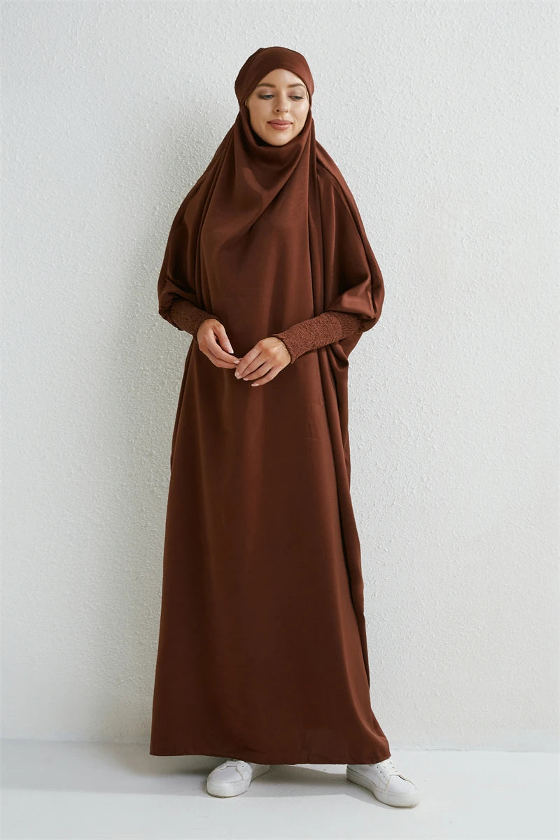 Muslim Women Hooded One-Piece Prayer Abaya with Smocked Sleeves – Modest Islamic Dress