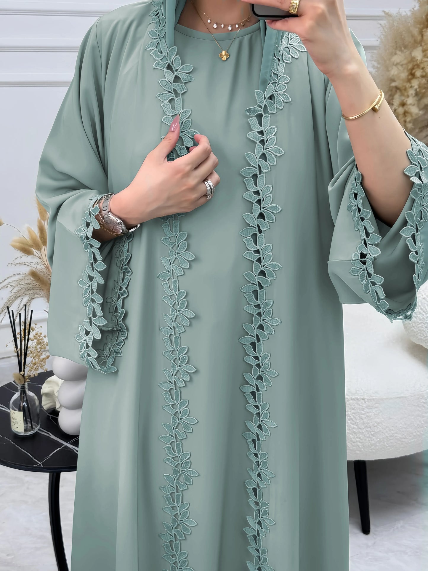 Tatted Open Front Crepe Abaya — All-Season Loose Fit | Noor Boutique Summer 2025