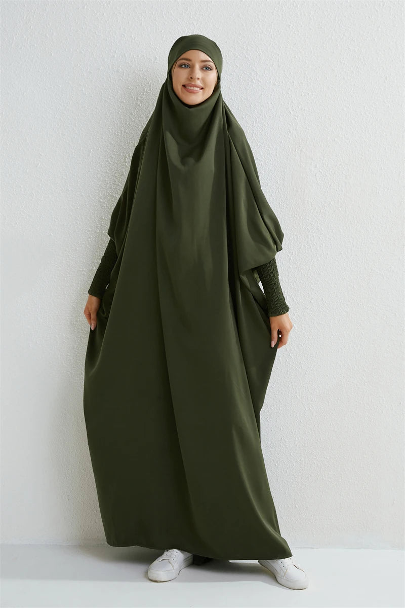Muslim Women Hooded One-Piece Prayer Abaya with Smocked Sleeves – Modest Islamic Dress