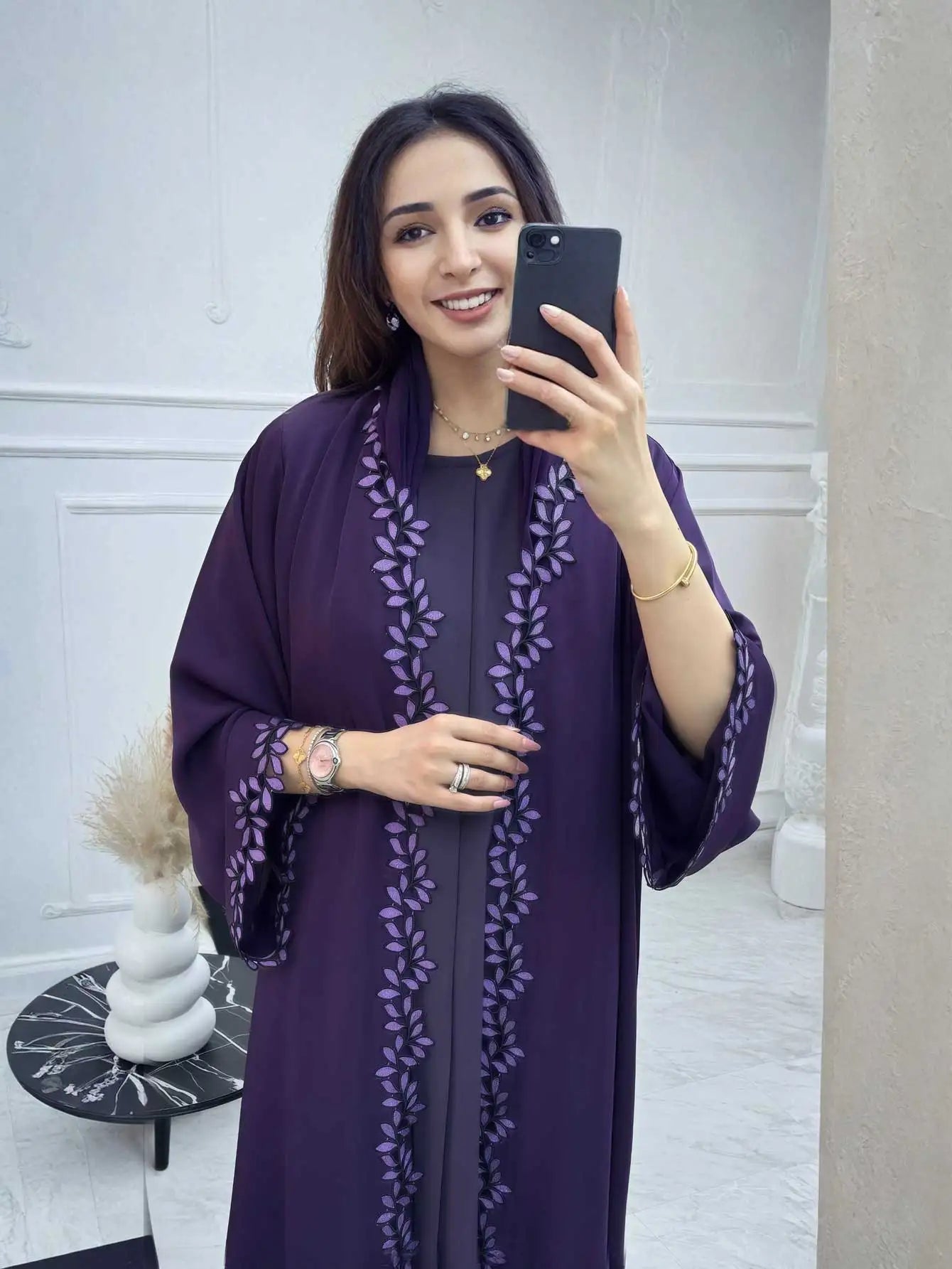 Tatted Open Front Crepe Abaya — All-Season Loose Fit | Noor Boutique Summer 2025