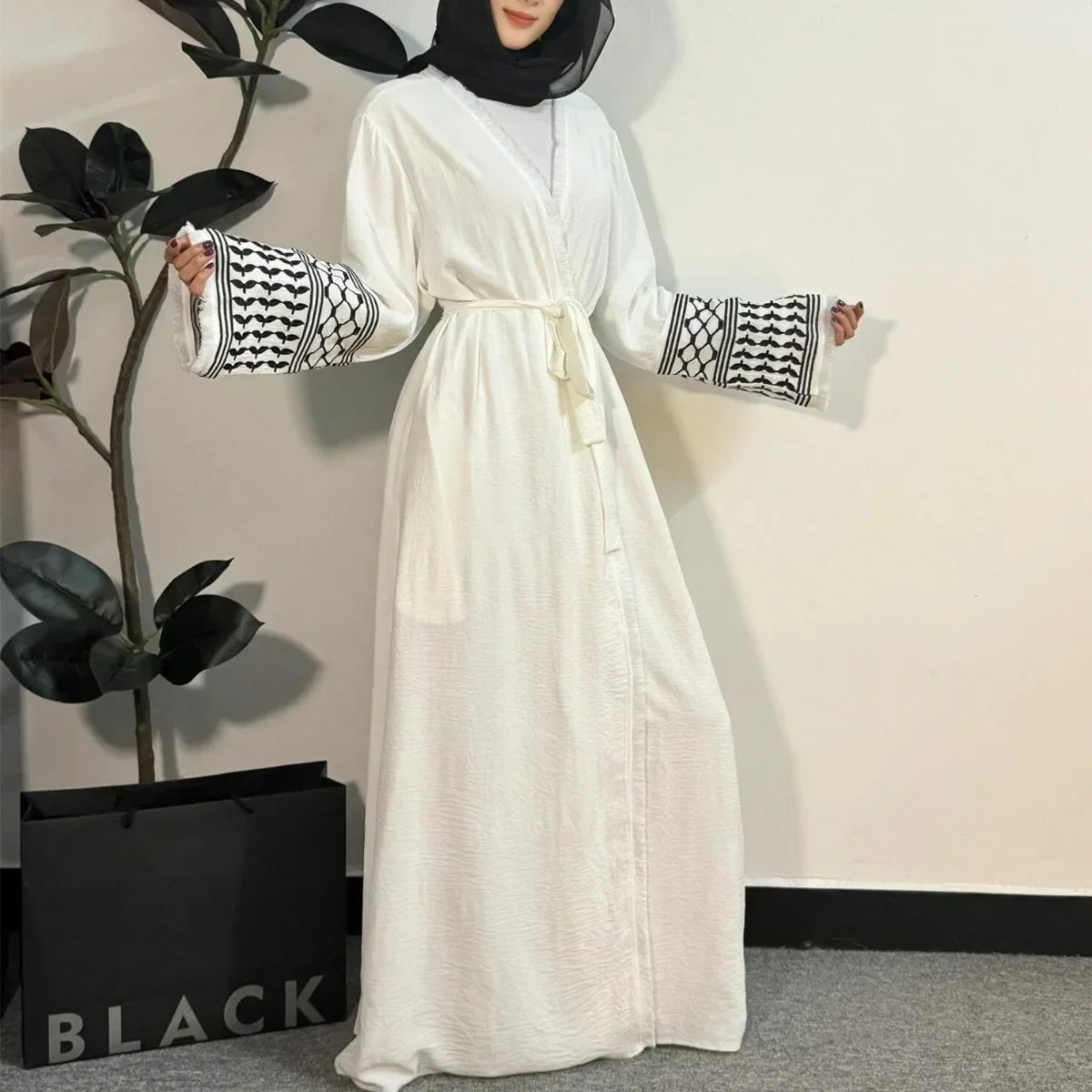 Open-Front Tassel-Embroidered Abaya Cardigan for Muslim Women