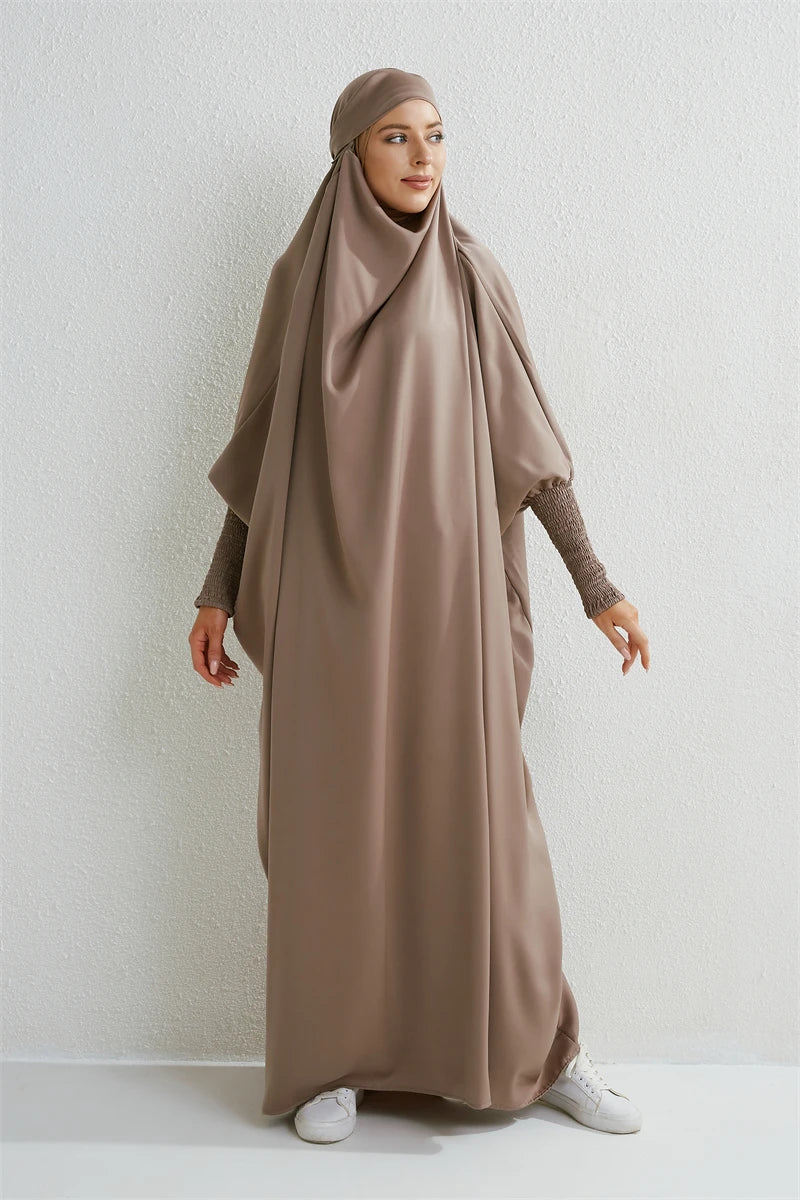 Muslim Women Hooded One-Piece Prayer Abaya with Smocked Sleeves – Modest Islamic Dress