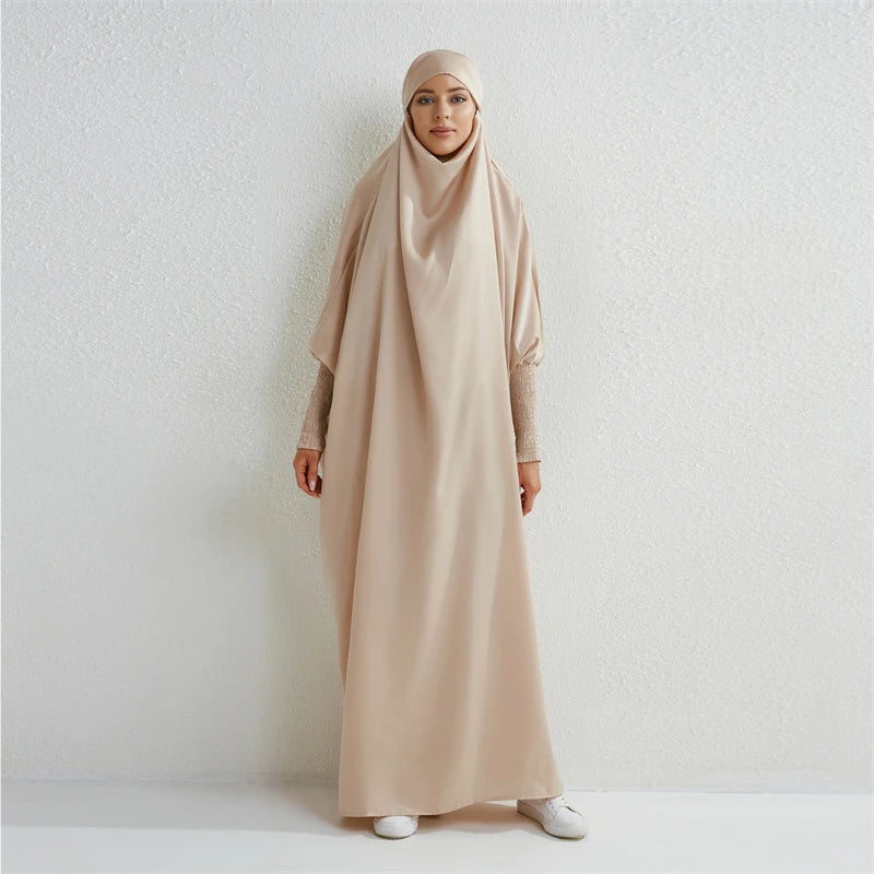Muslim Women Hooded One-Piece Prayer Abaya with Smocked Sleeves – Modest Islamic Dress