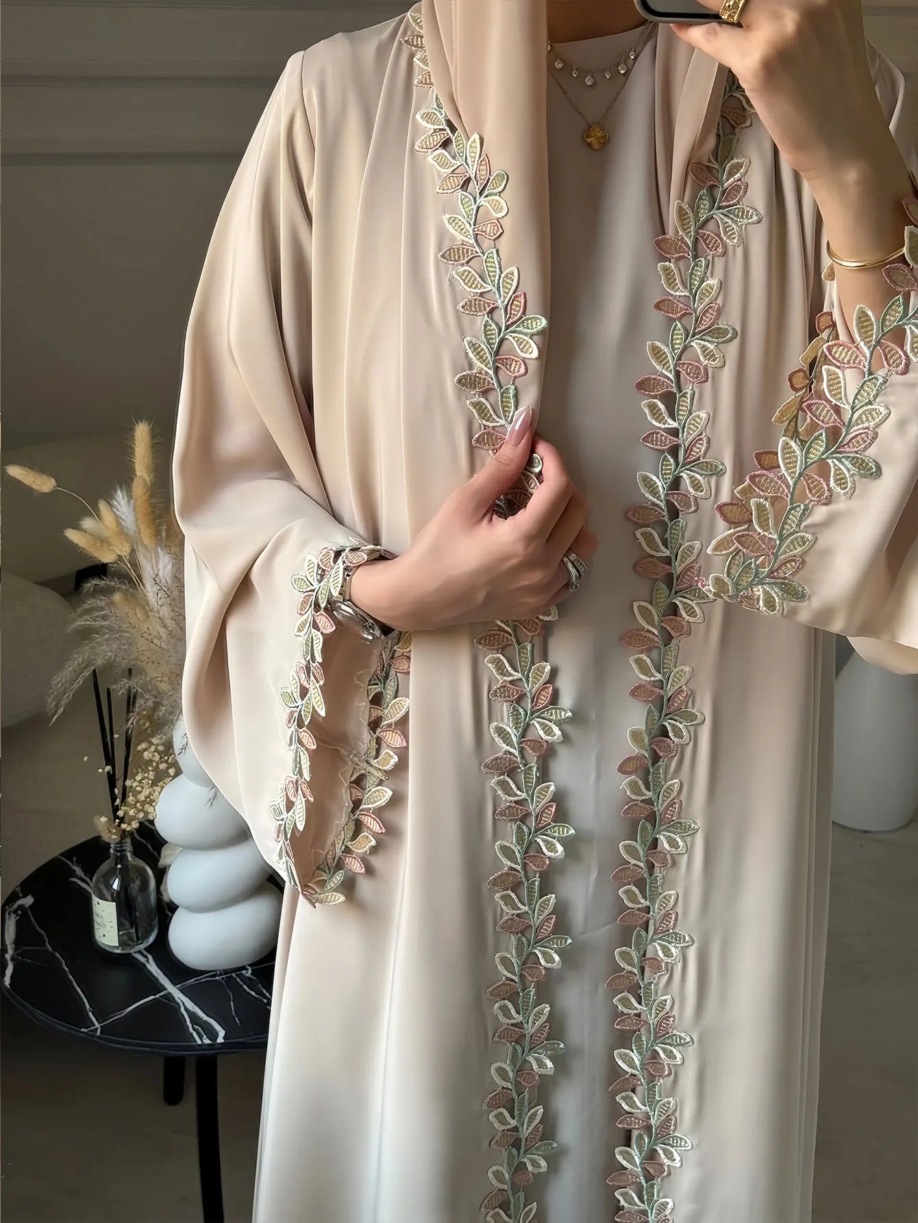 Tatted Open Front Crepe Abaya — All-Season Loose Fit | Noor Boutique Summer 2025