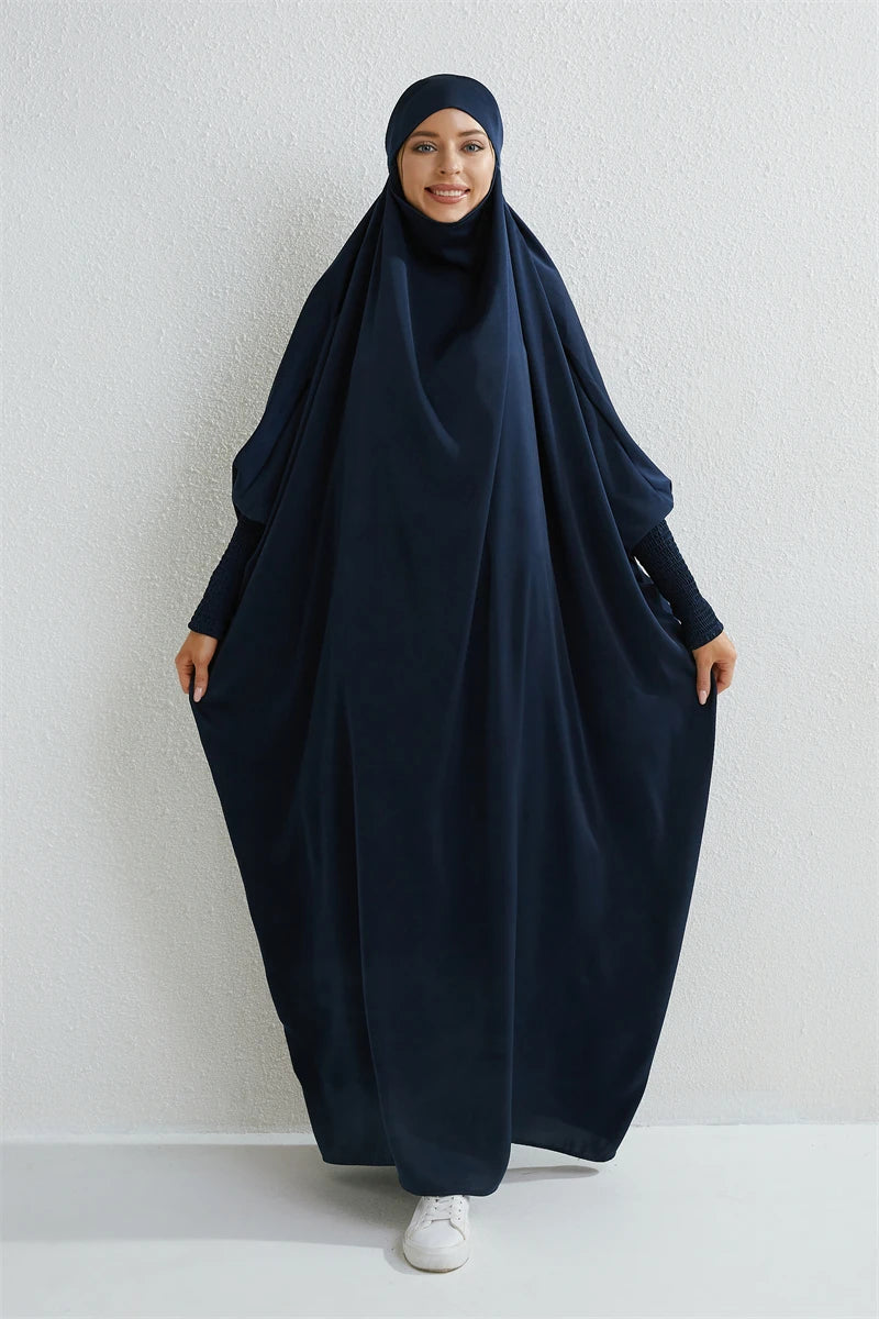 Muslim Women Hooded One-Piece Prayer Abaya with Smocked Sleeves – Modest Islamic Dress