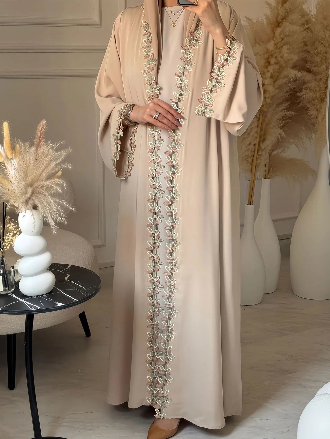 Tatted Open Front Crepe Abaya — All-Season Loose Fit | Noor Boutique Summer 2025