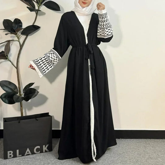Open-Front Tassel-Embroidered Abaya Cardigan for Muslim Women