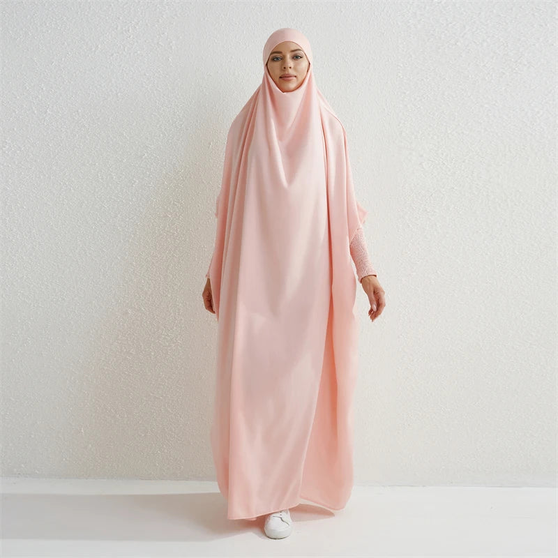 Muslim Women Hooded One-Piece Prayer Abaya with Smocked Sleeves – Modest Islamic Dress