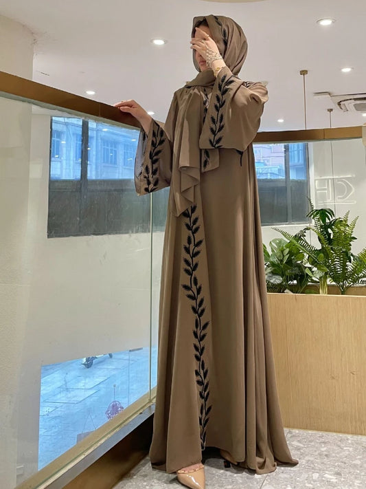 Eid Abaya Embroidered 2-Piece Set with Matching Scarf for Muslim Women