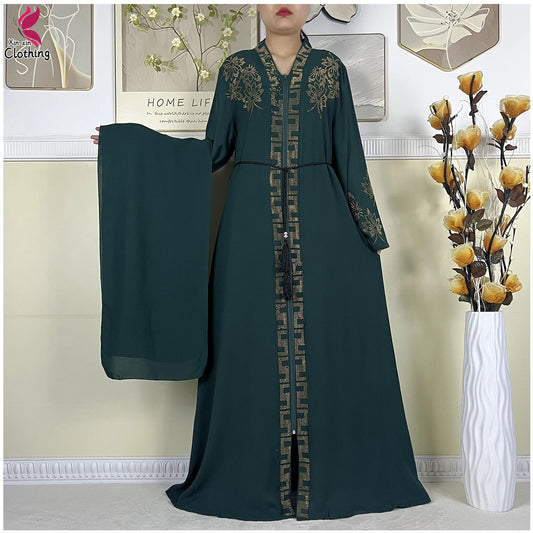 Elegant Long-Sleeve Muslim Abaya with Turban – Chain Detail & Modest Fit