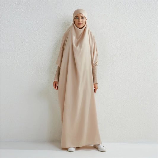 Muslim Women Hooded One-Piece Prayer Abaya with Smocked Sleeves – Modest Islamic Dress